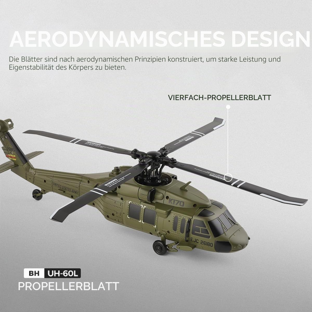 RC Hubschrauber, WL K170 Black Hawk UH 60L Ferngesteuertes Helicopter, 170 Größe 2.4G 4CH Militär Hubschrauber Spielzeug Geschenk für Erwachsene (Mit Einer Batterie)
