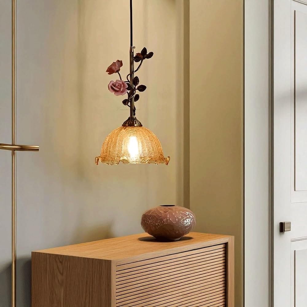 Lampada a Sospensifloreale Vintage con Rose in Ceramica Rosa, Paralume in Vetro Craquelé, Ottone, Stile Country Francese Shabby Chic,Da da Soffitto con Attacco E26 per Comodino, Sala da Pranzo, Bar