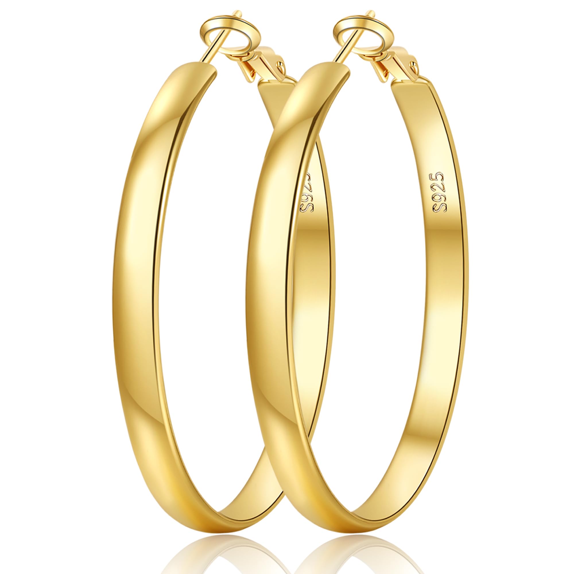 EXGOX Pendientes Mujer Plata 5MM Ancho Pendientes Aro Mujer Hipoalergenicos Pendientes Plata de Ley 925 Grandes Pendientes Dorados 14K Pendientes Aros Dorados 30/40/50/60/70mm