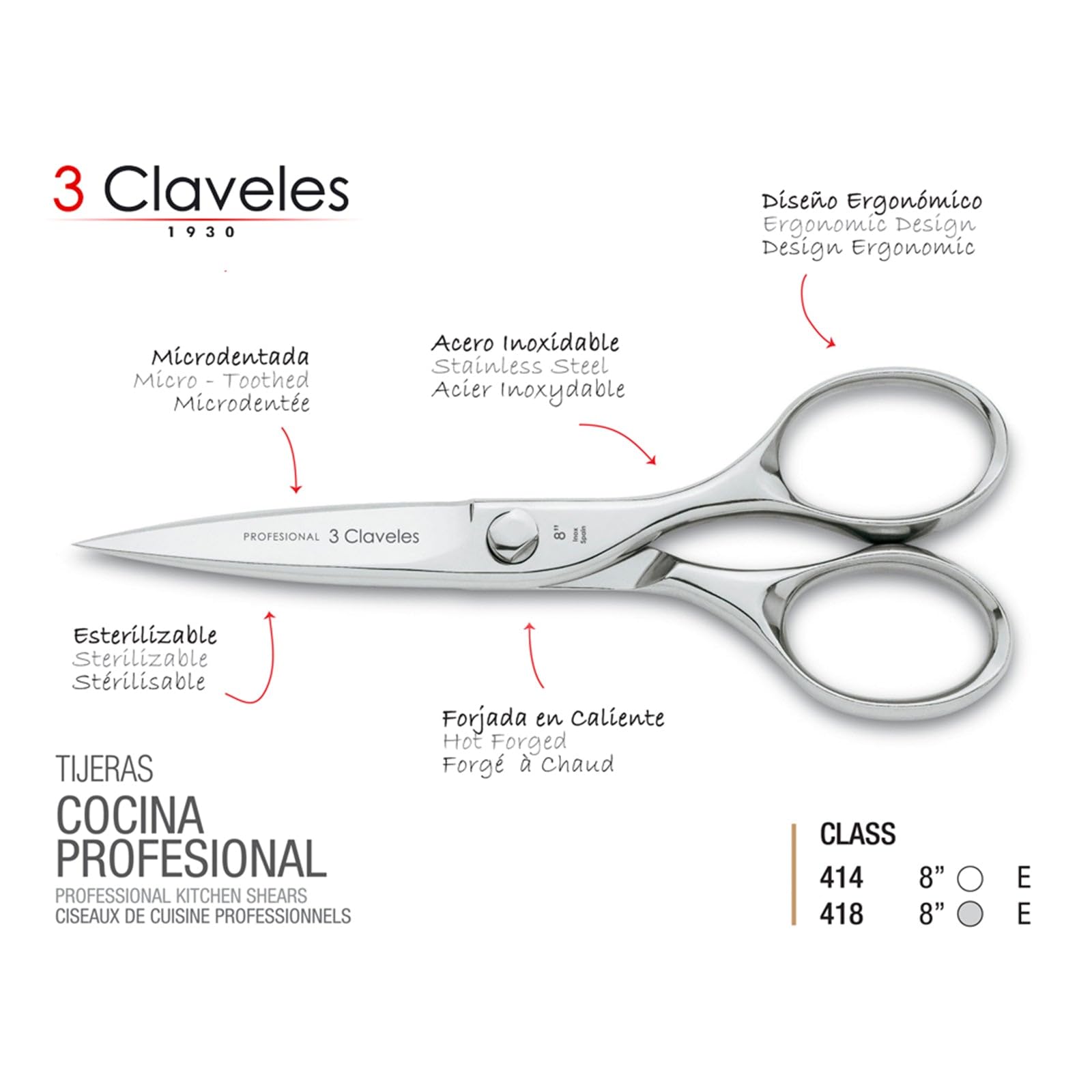 3 Claveles Master Class - Küchenschere, Edelstahl, 20,32 cm