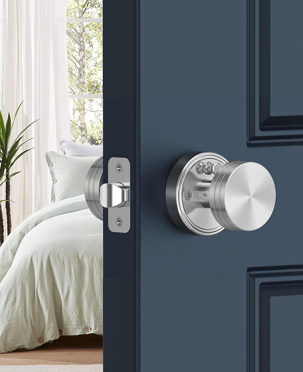 Privacy Satin Nickel Door Knobs Heavy Duty Zinc Alloy Round Interior Door Knobs with Lock,for Bathroom & Bedroom, Modern Vintage Privacy Lockset with Emergency Release, 1 Pack