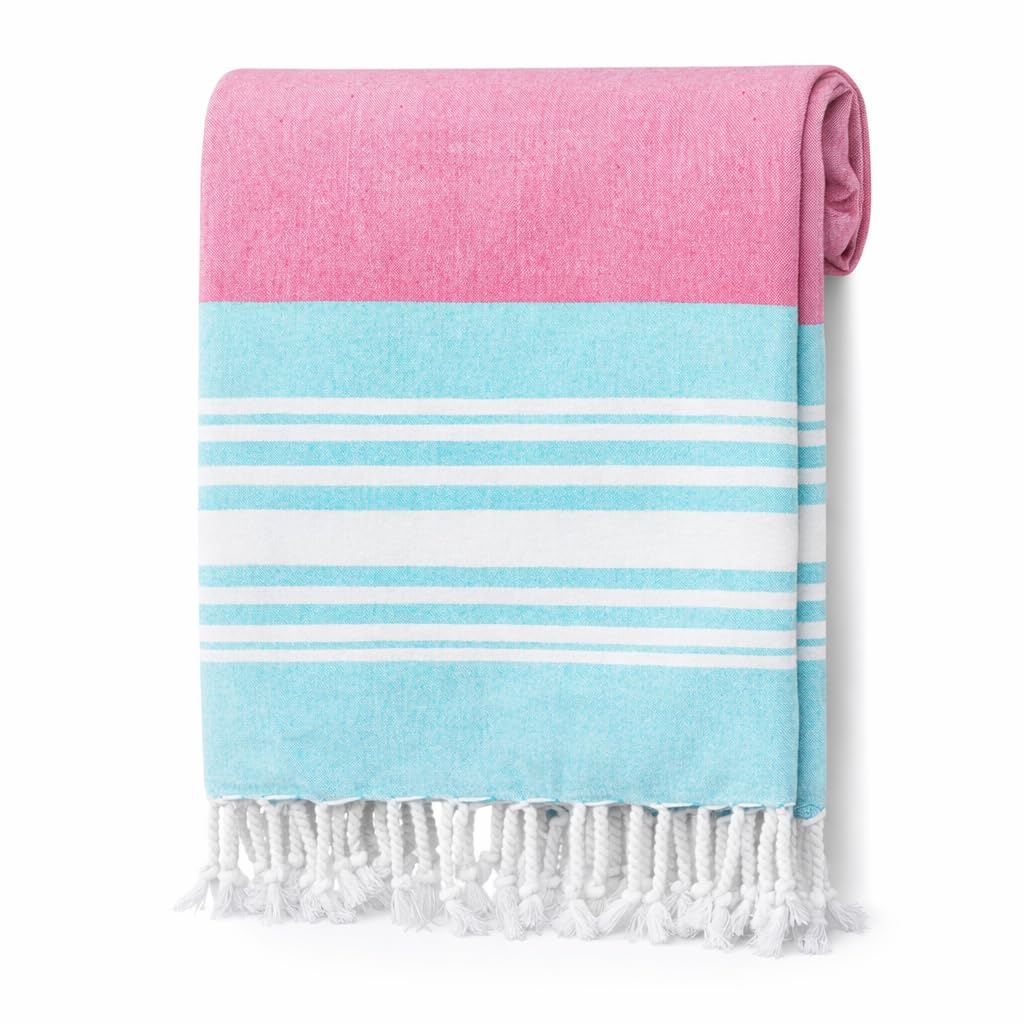 Adore Home Large Hammam Beach Towel Striped Turkish Style Fouta Peshtemal Cotton, Mia Stripe Aqua & Pink