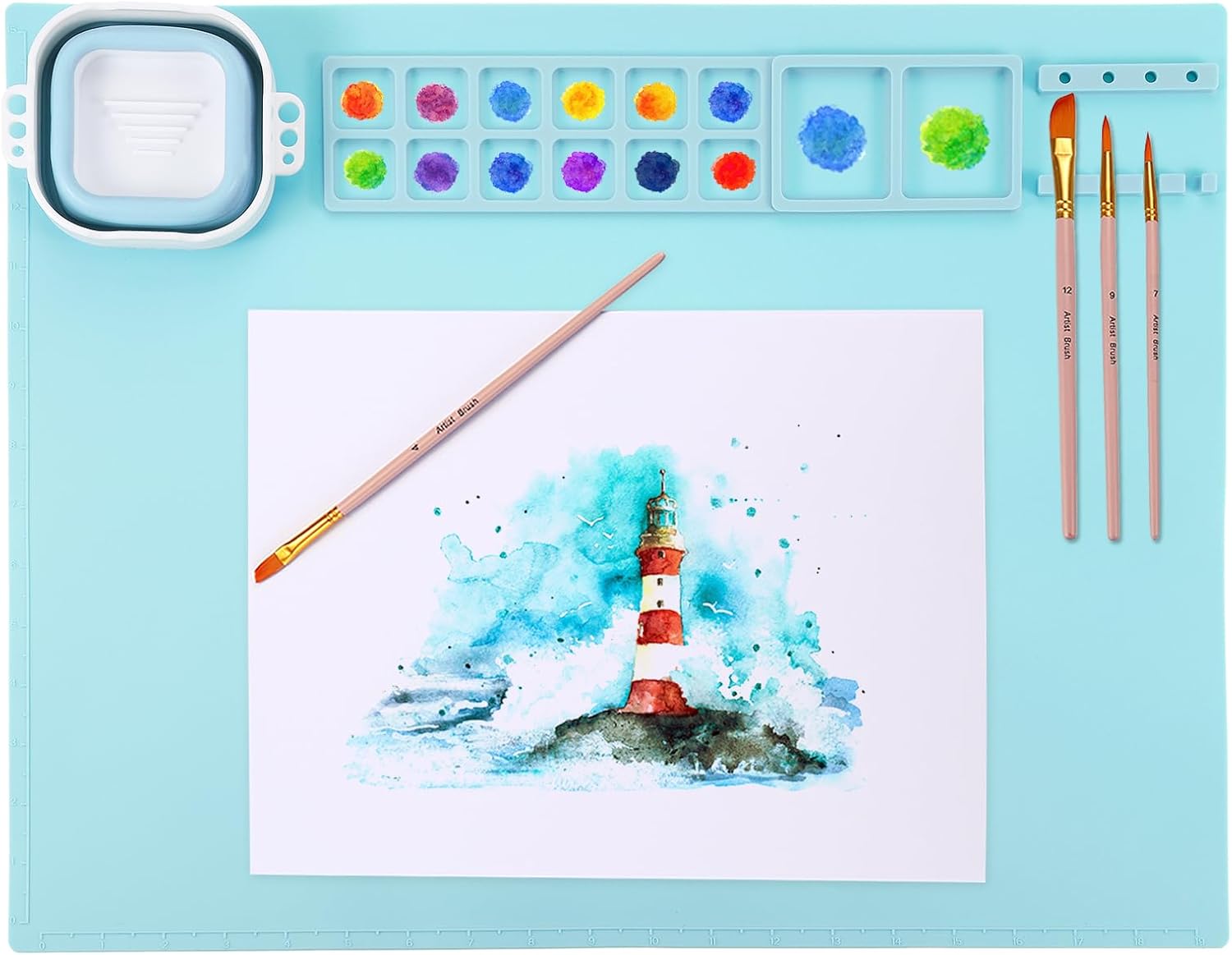 PATIKIL 20" x 16" Silicone Craft Mat, Nonstick Silicone Painting Sheets Art Mats for Resin Drawing DIY Clay, with Brush Holder and Magnetic Removable Cleaning Cup, Blue