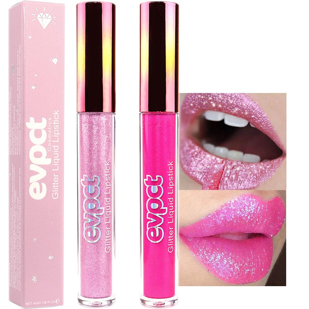 evpct2Pcs Rose & Hot Pink Glitter Metallic Shimmer Diamond Lipstick Lip Gloss Set for Women Long Lasting Waterproof, Light Bright Rose Pink Sparkle Glitter Matte Liquid Lipstick Lip Makeup Kit