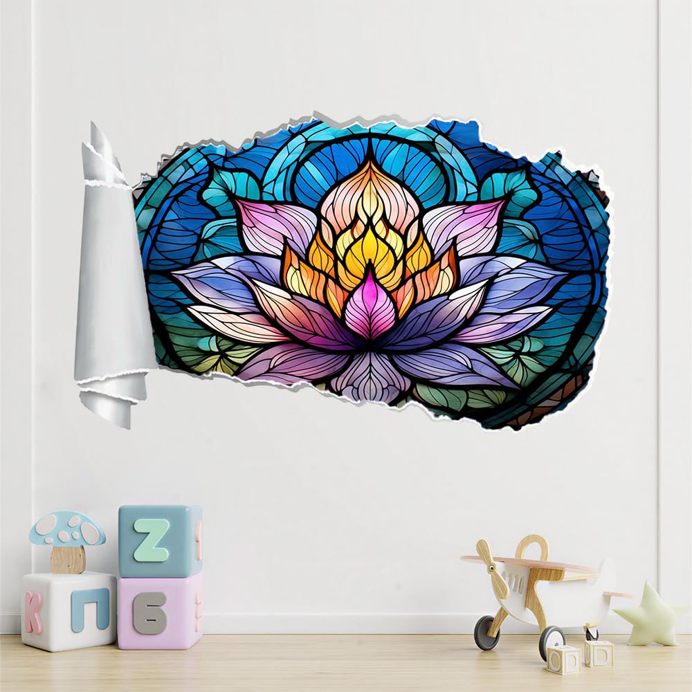 Pegatinas de decoración de pared 3D, Loto Calcomanías De Suelo De Impermeables Extraíbles, Vidrieras Calcomanías De Mural De Pared Rotas Para Niños Dormitorio