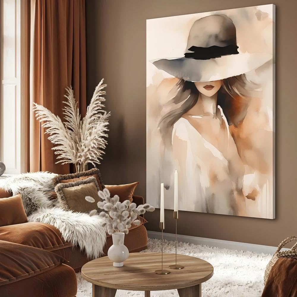 DHFGHFJ Póster en lienzo con retrato abstracto de mujer con sombrero y café negro de estilo nórdico(60x90cmX3/Con Bastidor)