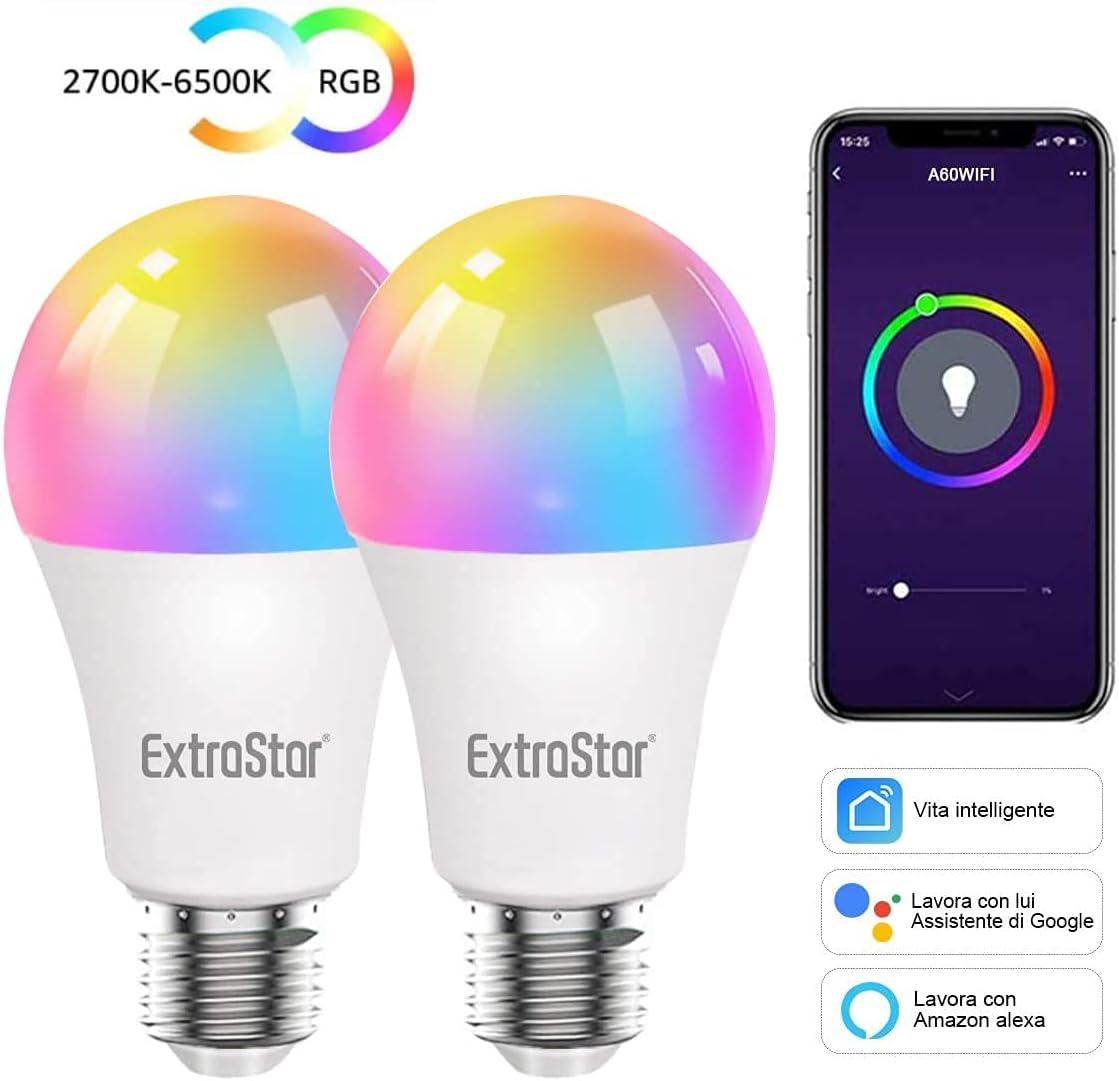 Two Extrastar Smart LED Bulbs and smartphone app interface