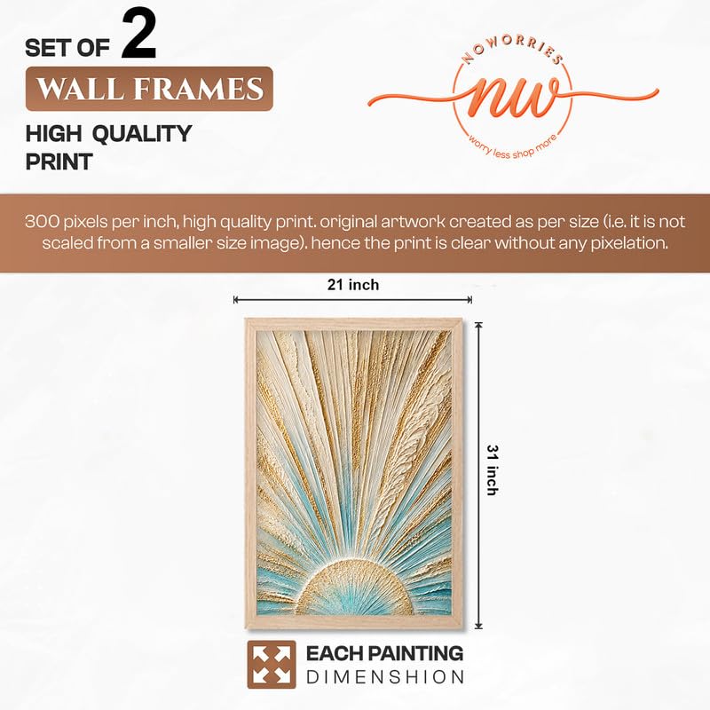 Image of NoWorries Coastal Sunrise Wall Painting Set of 2 with Frame | Textured Sunburst & Beach Landscape Artwork, Ocean Mountain Floral Nature Wall Decor for Living Room, Bedroom, Office and Home Decoration (Art-3, 21x31inch)