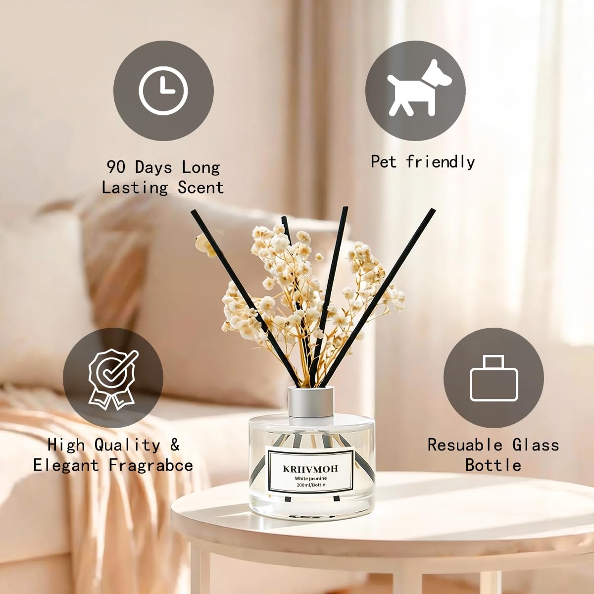 Diffuseur Parfum Maison, 200 ML, diffuseur de Parfum au Jasmin Blanc avec 8 bâtonnets Parfum Longue durée pour la Maison, la Salle de Bain, la décoration de la Chambre