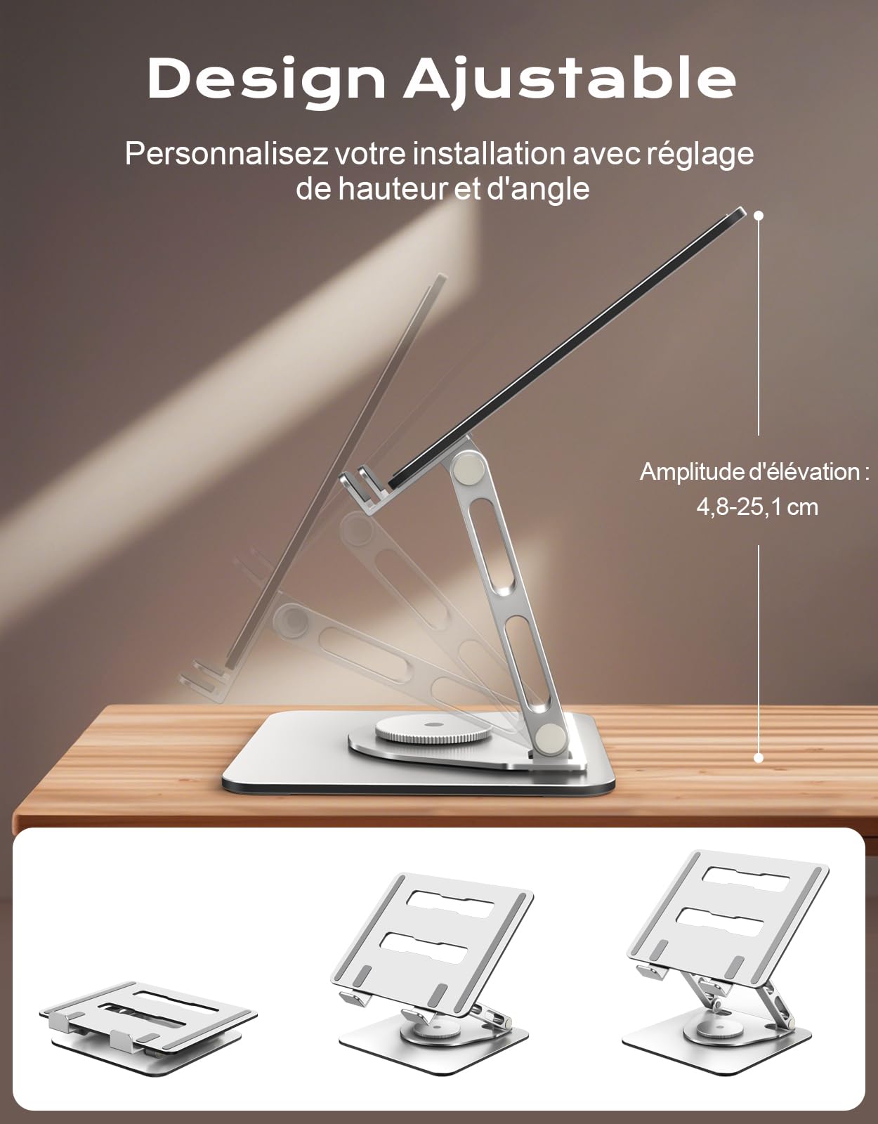 Support Ordinateur Portable Pivotant 360° Double Barres Réglables Ergonomique Refroidisseur Laptop Stand Silicone Antidérapant Compatible MacBook Air Pro 10"-16"