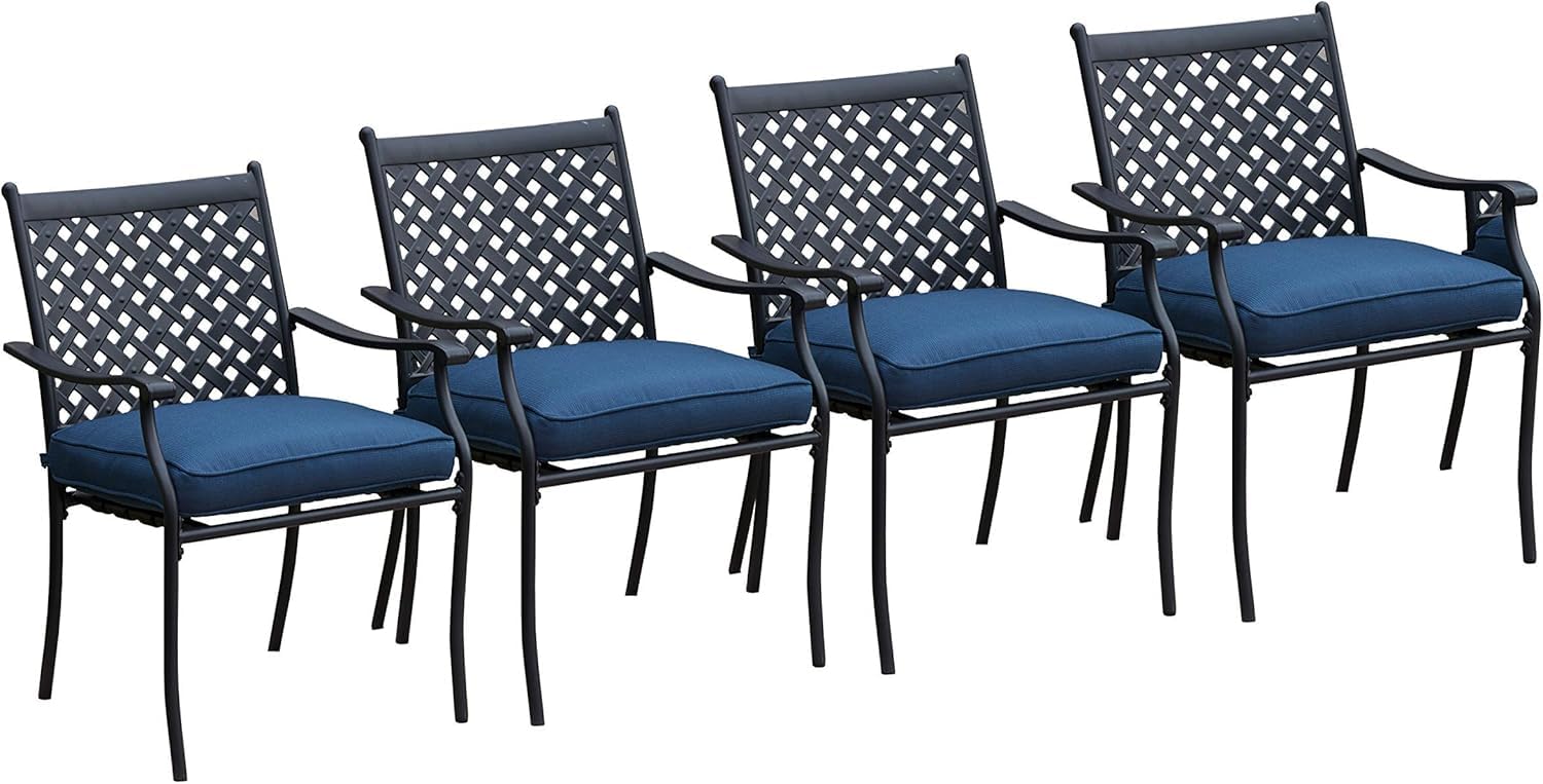 LOKATSE HOME 4 Piece Outdoor Dining Set - Wrought Iron Patio Metal Chairs with Armrest and Cushions for Garden Poolside Backyard, Blue