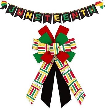 Estivaux Large Juneteenth Patriotic Bows for Wreath, Black Red Burlap Wreath Bow African American Freedom Craft Bows for Front Door Black History Month Decorations