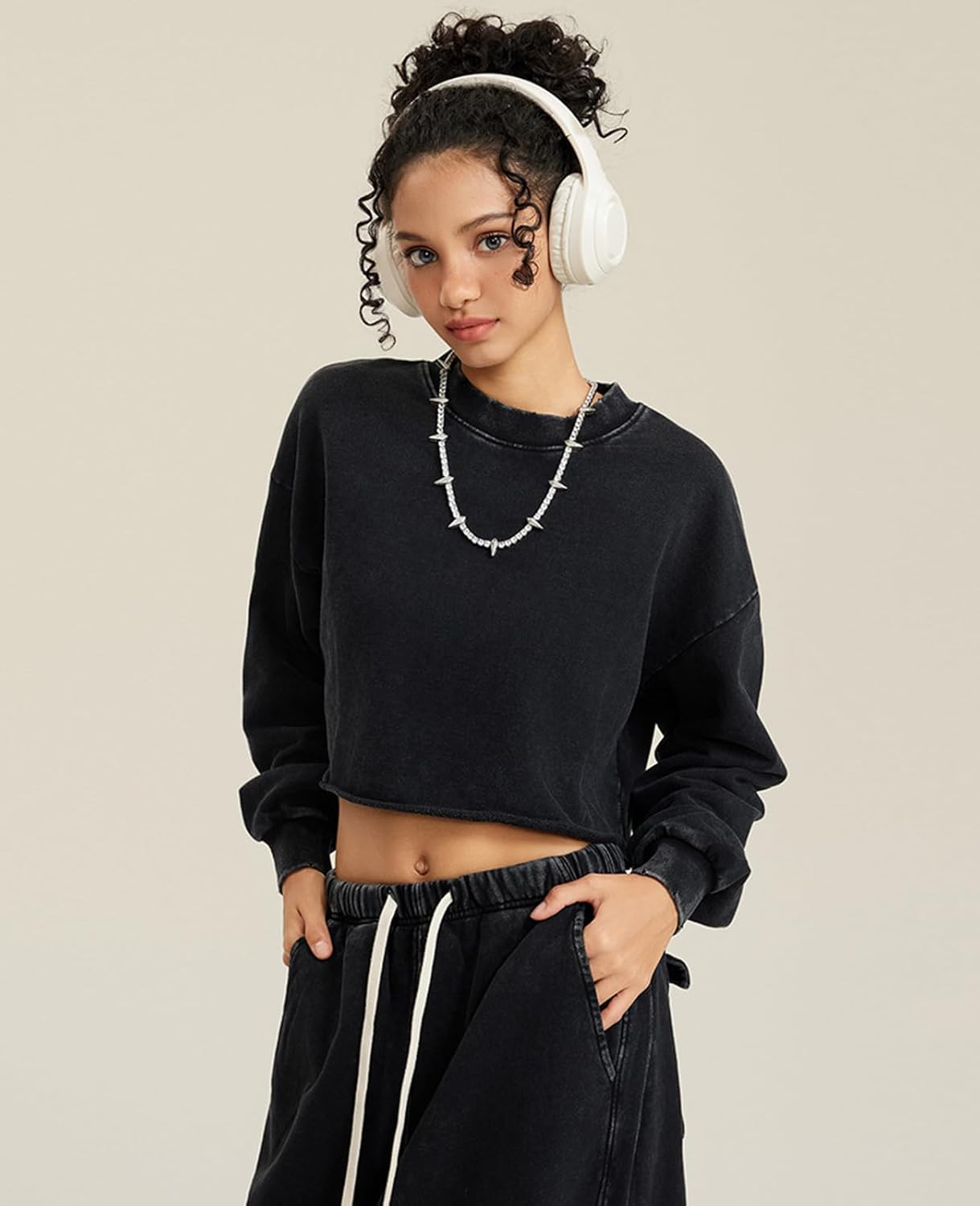 KEEPSHOWING Women's Acid Wash Casual Long Sleeve Crop Sweatshirt Crewneck Vintage Drop Shoulder Pullover Fleece Tops - Image 3