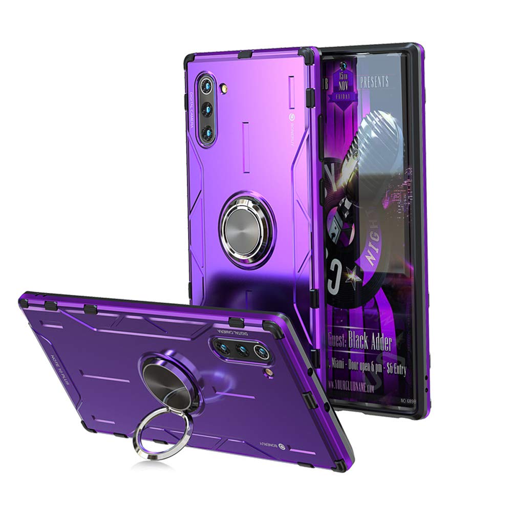 Jonwelsy Case for Samsung Galaxy Note 10 Plus, Shockproof Soft Silicone + Aluminum Alloy Armor Cover with 360 Degree Rotation Ring Holder Kickstand Compatible Magnetic Car Mount for Note 10+ (Purple)