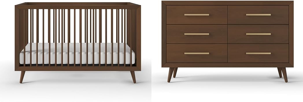 Child Craft Cranbrook Design 4-in-1 Convertible Baby Crib Nursery Furniture Set, Baby Bed and 6 Drawers Double Dresser, for Babies, Toddlers and Kids Bedroom 2 Piece - Toasted Chestnut