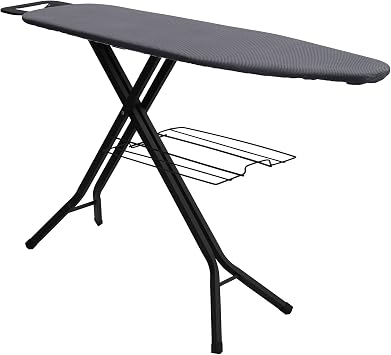 Household Essentials Deluxe Matte Black Ironing Board with Mesh Steel Top, 4 Durable Hex Legs, Heat-Resistant FiberTech Cover and 6 MM Fiber Pad, 4 Height Settings, Leg Caps and Iron Rest