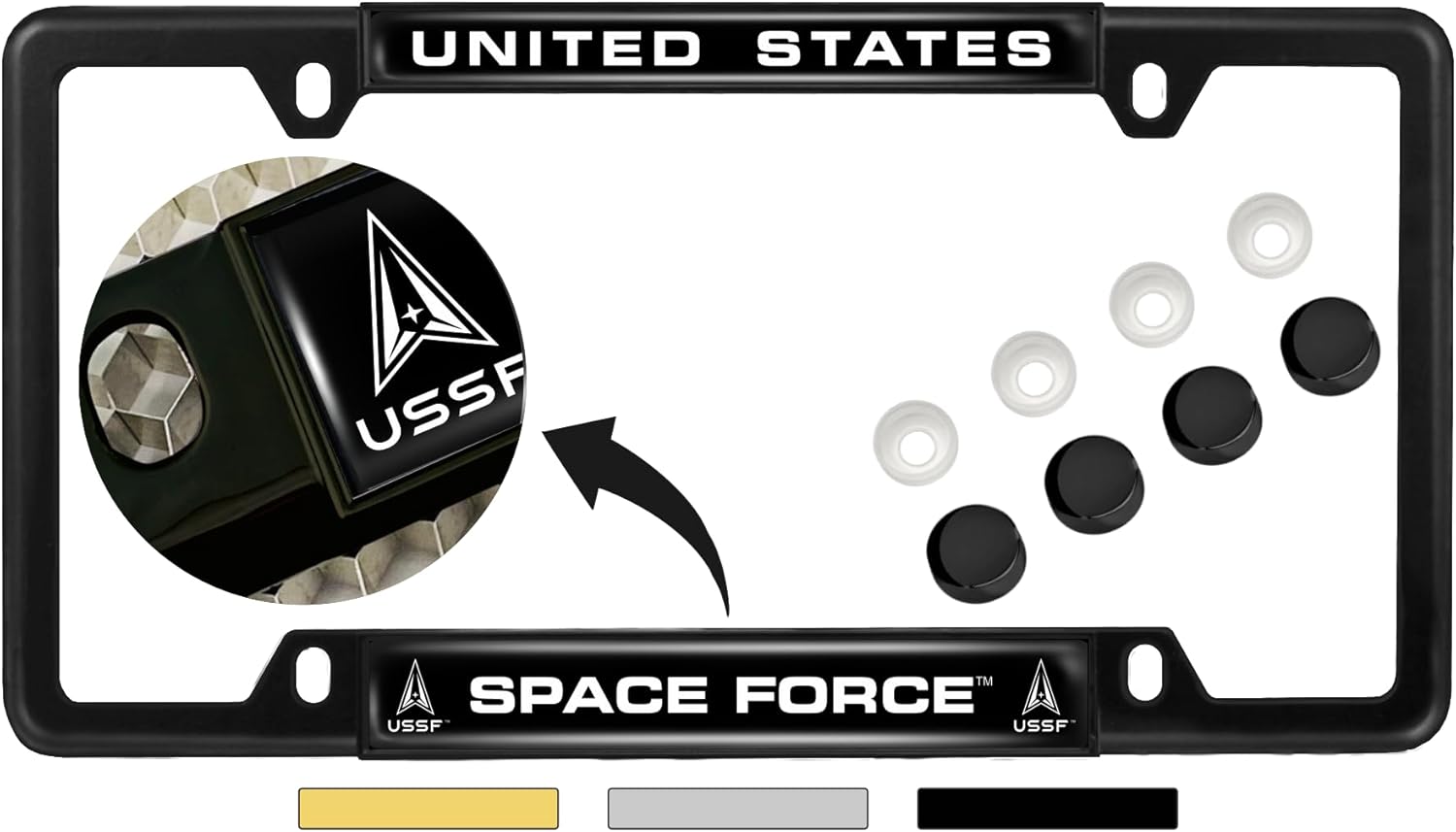 [Officially Licensed Product] - U.S. Space Force (USSF) - Domed Custom-Made Personalized Narrow (Thin) Top 4 Hole Metal Car License Plate Frame with Free caps - Black, b/w (Qty: 1 Frame)