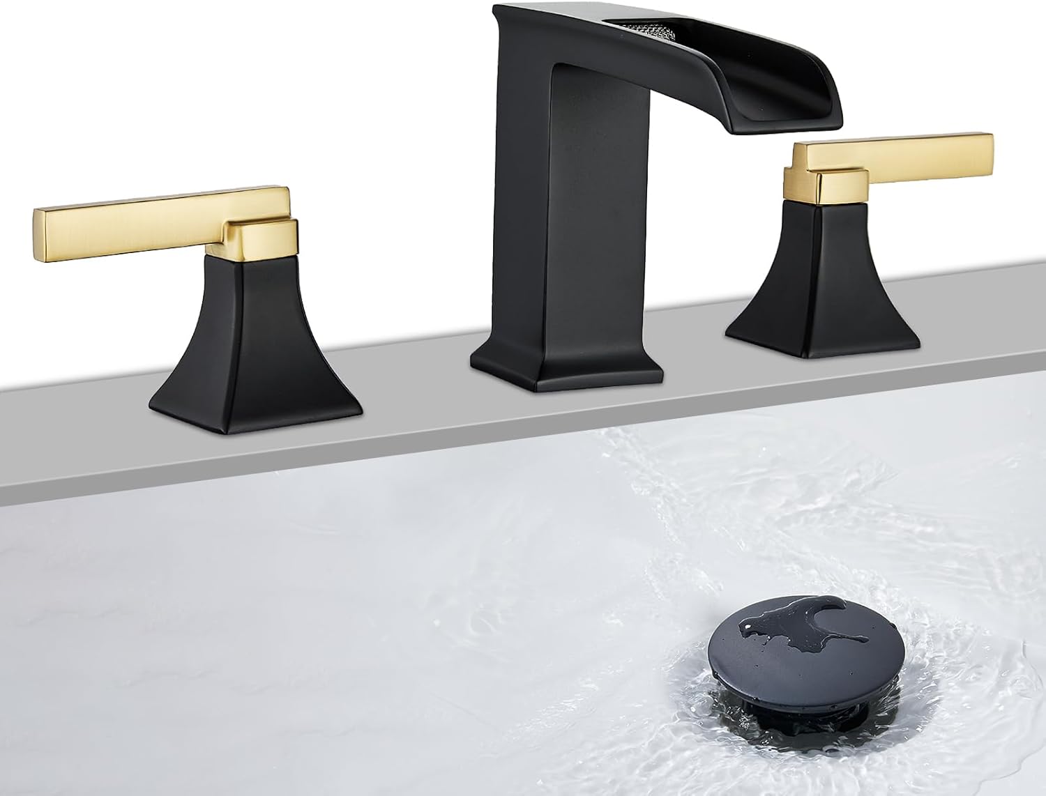 Black and Gold Bathroom Faucet 3 Hole, Sanliv Waterfall Bathroom Faucet, 8 Inch Widespread Bathroom Sink Faucet, Modern Two Handle Vanity Faucets with Pop Up Drain Black and Gold