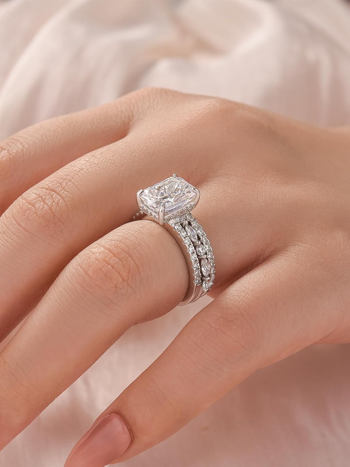 3.5CT Radiant Cut Bridal Wedding Ring Set, 3 Pieces 925 Sterling Silver AAAAA Grade Cubic Zirconia Engagement Ring Sets for Women - Image 6