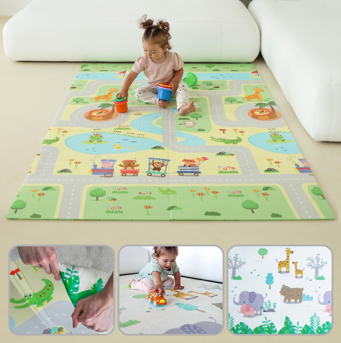 MIKMEL Alfombra de juegos para niños. (Carreteras/Animales, Compacto)