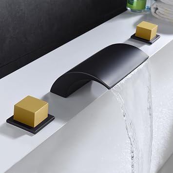 SUMERAIN Roman Bathtub Faucet 3 Hole Deck Mount High Flow Waterfall Tub Filler Black and Gold Finish