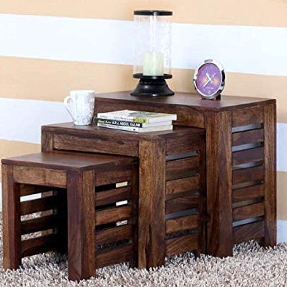 Solid Sheesham Wood Bedside Nesting Table Set of 3 Stools for Living