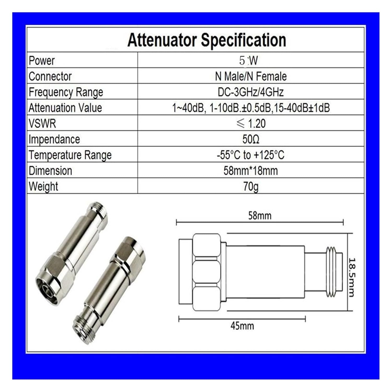 5W N Attenuator DC-3G/4Ghz 1/2/3/5/6/10/15/20/30db/40db N Male to Female Coaxial Power Connector Male to Female 50ohm(1db,4G)