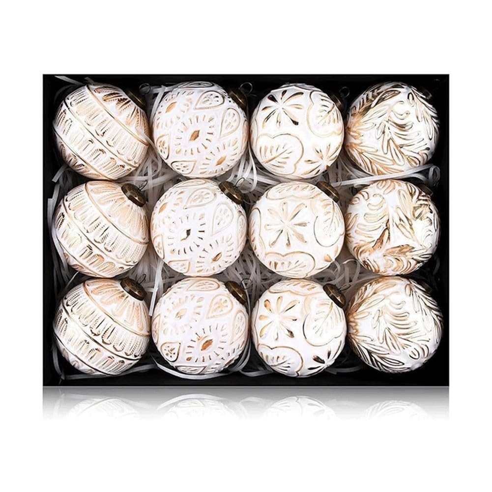 Boules de Noël vintage dorées et blanches 8 cm - Décoration de sapin chic en lot de 12