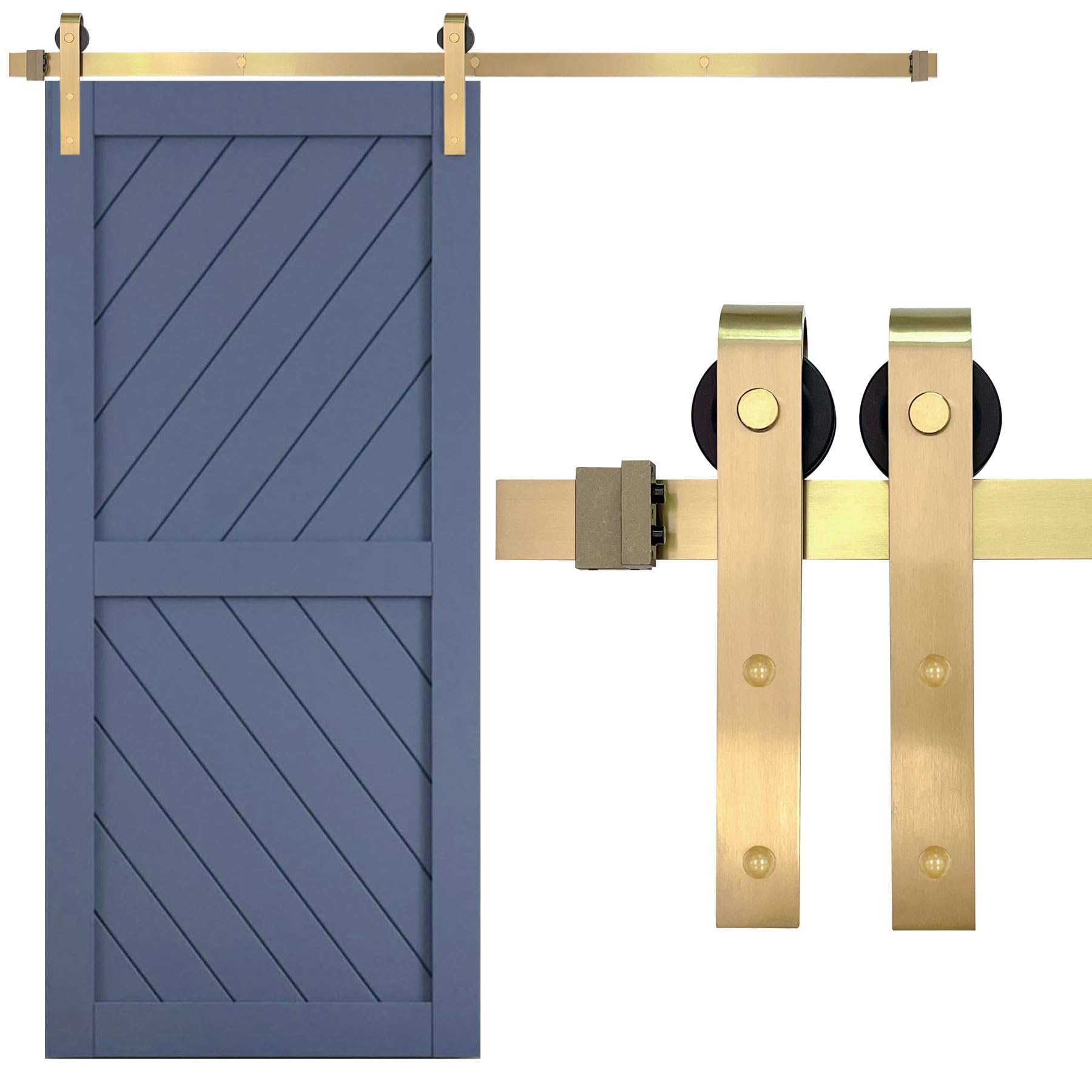 Rio Salto Gold Barn Door Hardware Kit Adjustable 96" Length Sliding Hardware Modern Barn Interior Gold Brushed Brass Panel Hardware - 8ft - Hardware ONLY (Hardware Kit, 8 Feet - Single Door)
