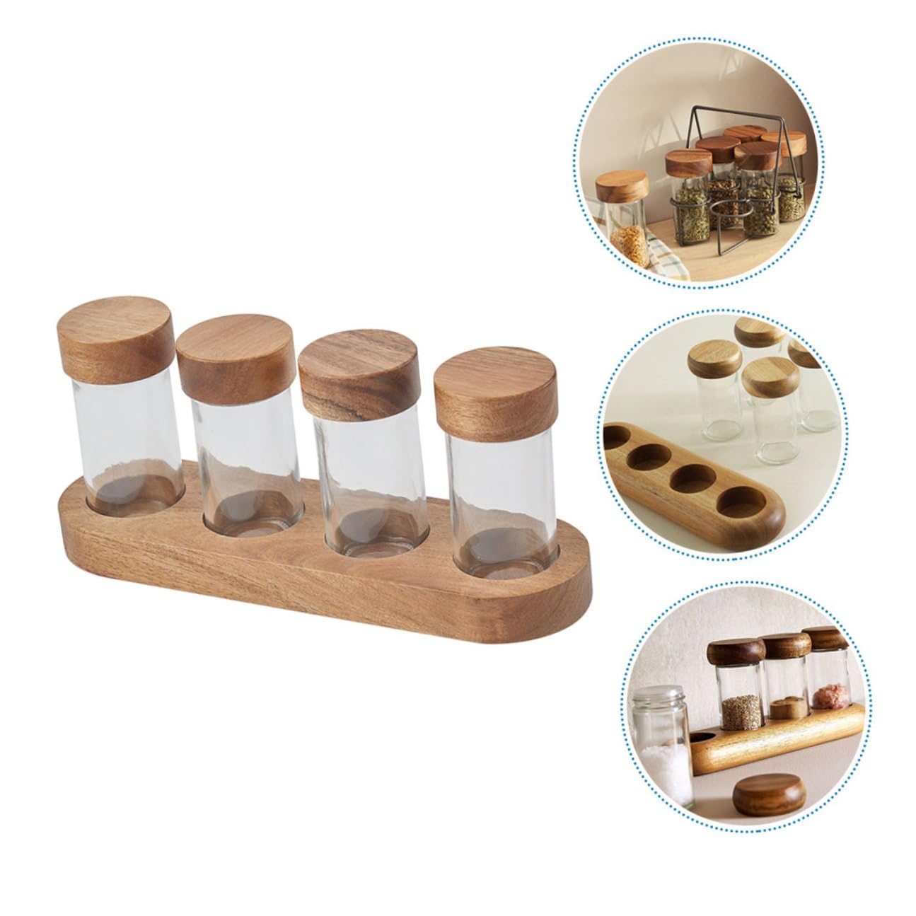 Housoutil Set di Barattoli in Vetro 90Ml con Coperchio in Legno e Vassoio Contenitori per Spezie e Sale Salvaspazio Porta Condimenti Pratico per Cucina e Barbecue