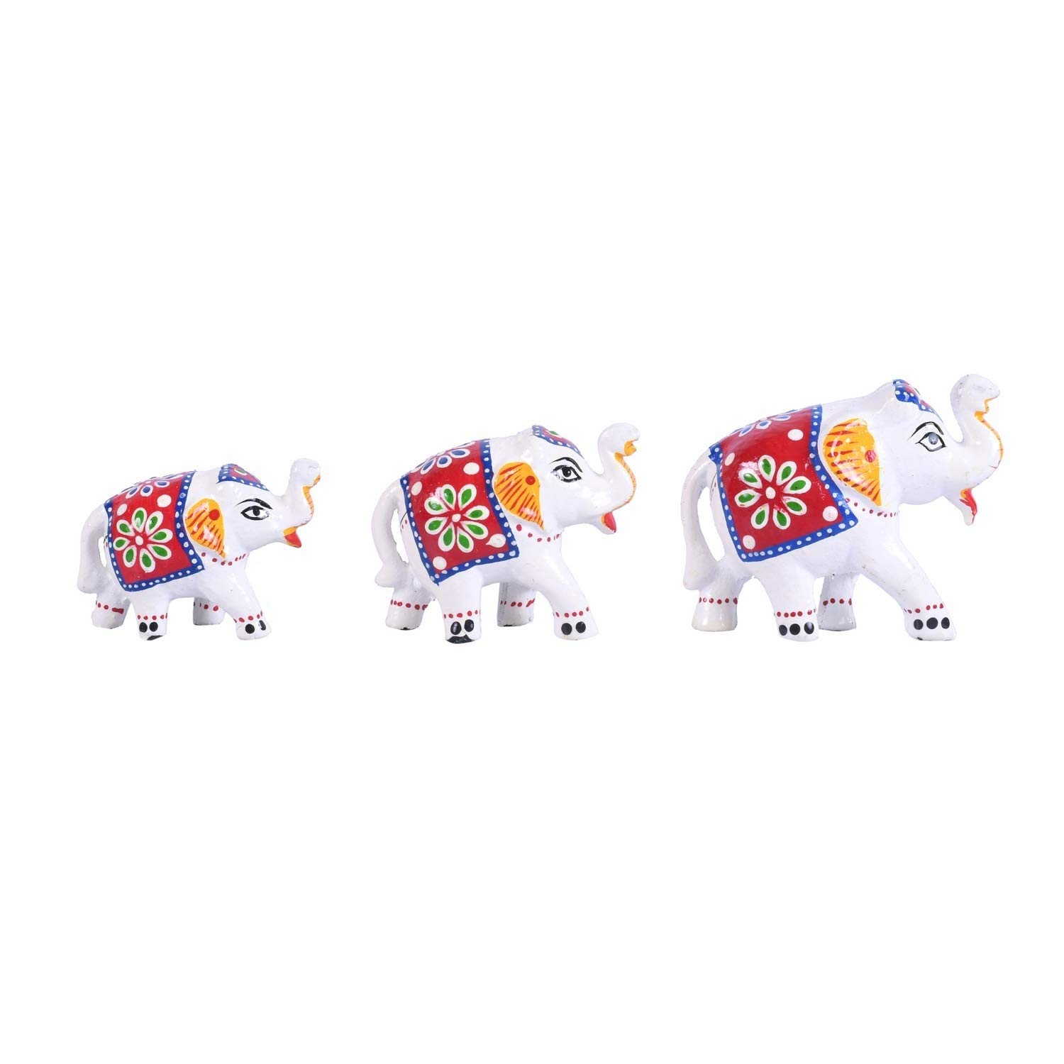 Great Art Ethnic Indian Paper Mashe Elephant Showpiece Home, Office, Table Decor, Best Return Gift Made - Set of 3 (Blue Red)