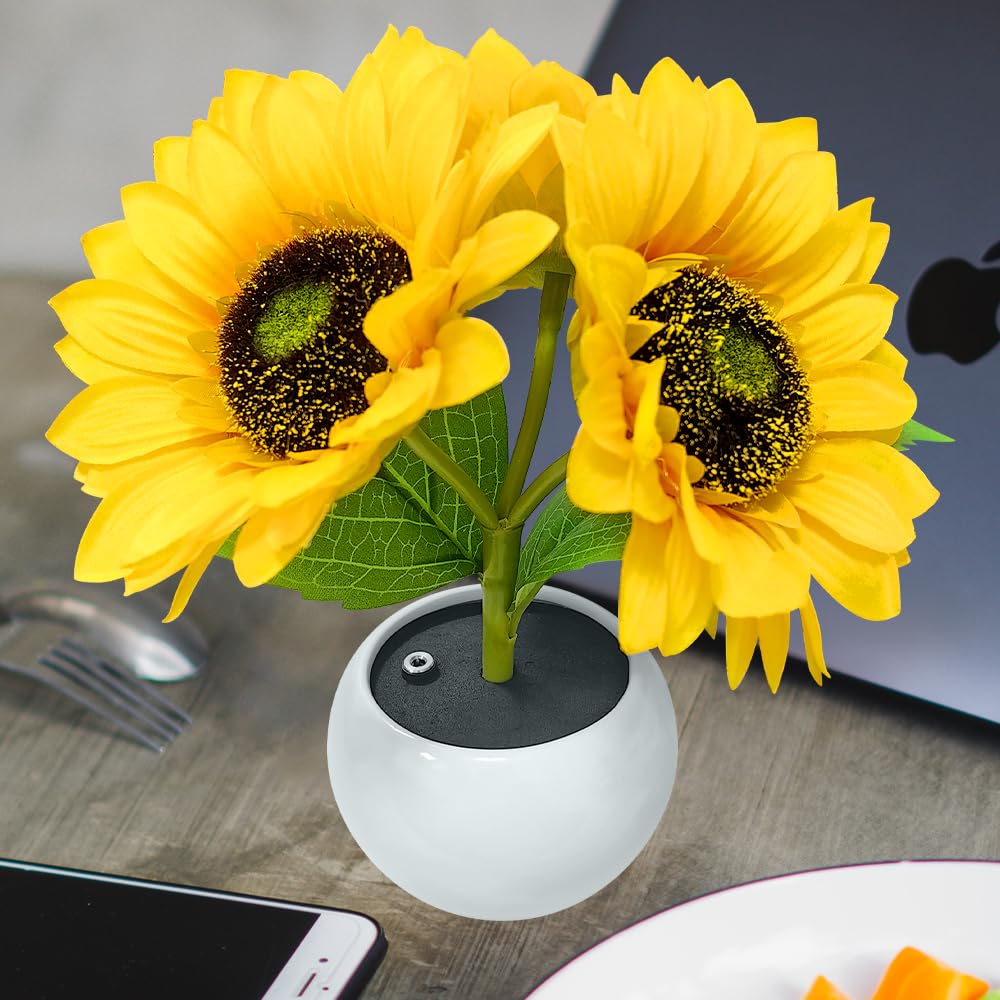 Lampada da Tavolo Girasole con Vaso in Ceramica Simulazione Fiore Luce d'Ambiente USB Ricaricabile Ornamenti per La Casa Soggiorno Matrimonio Desktop Decor