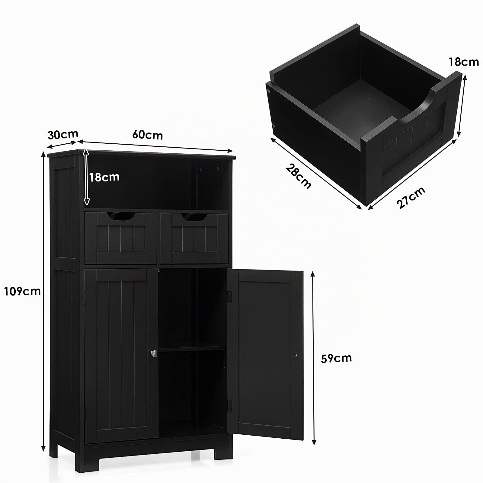 COSTWAY Meuble de Salle de Bain, Armoire de Rangement, Commode avec 2 Tiroirs et 2 Portes, Étagère Réglable, pour Cuisine, Salon 60 x 30 x 109 cm (Noir)
