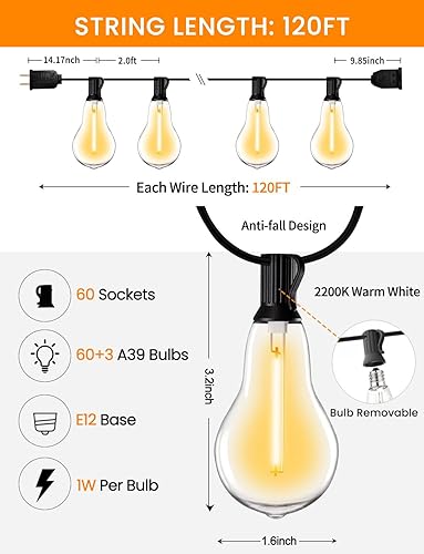 Miniatura 20 de Guirnalda de luces LED para exteriores de 400 pies inastillables para patio con 212 bombillas ST38 vintage impermeables (12 de repuesto), luces