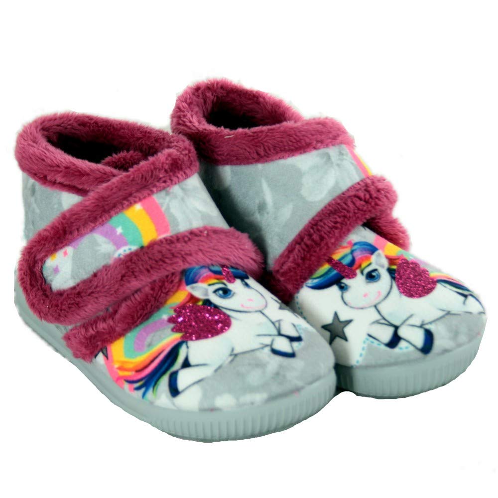 Vulcabicha 1090 - Zapatillas de Estar Infantiles Cerradas con Adhesivo Textil Grises con Dibujo de Unicornio y Purpurina