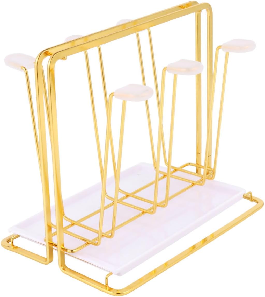 Veemoon Cup Drying Rack with Detachable Drip Tray and 6 Hooks Iron Bottle Drying Organizer Stand with Square Base and Non-Slip Bottom for Cabinet and Bar Use