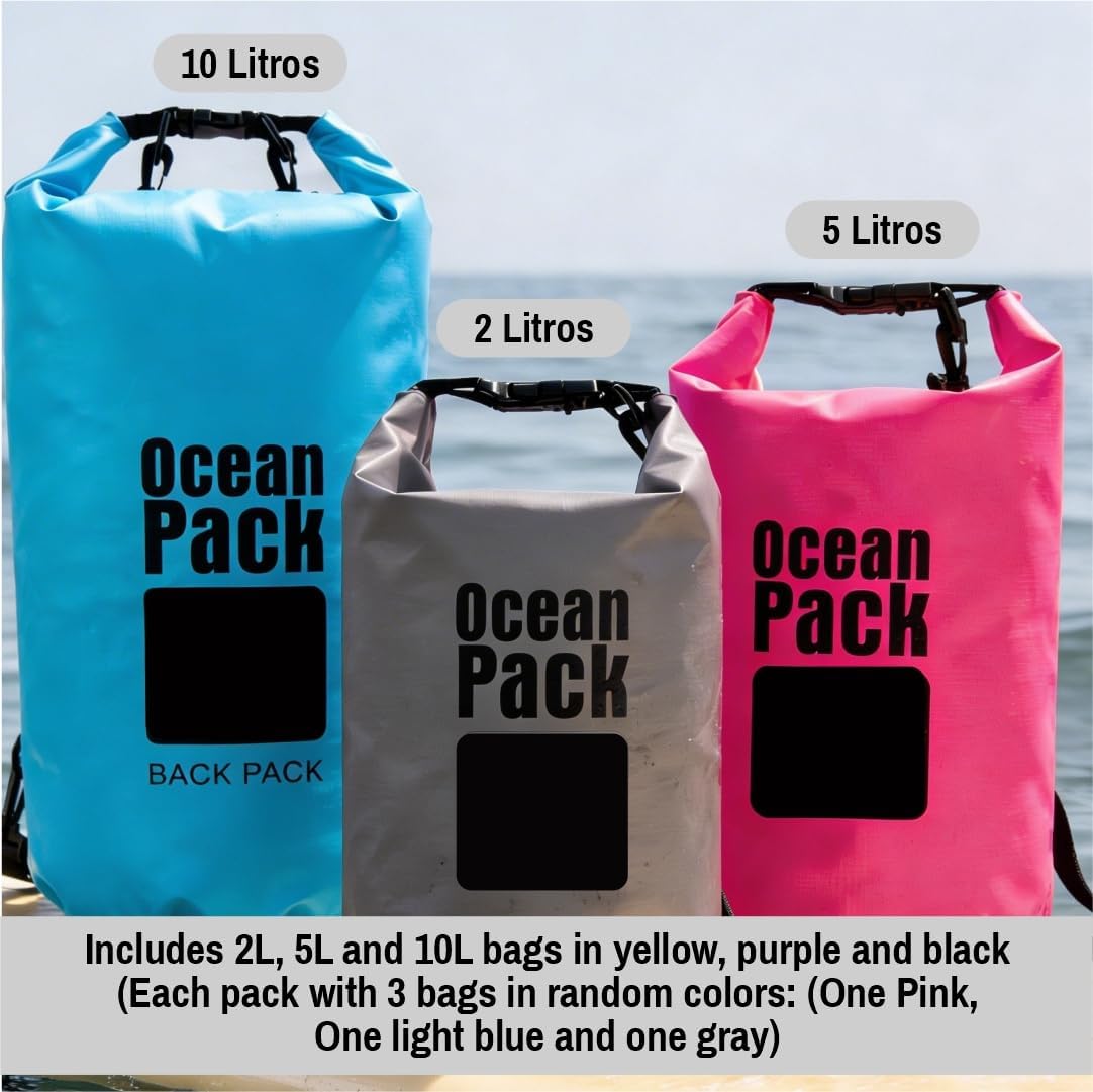 Waterproof Dry Bag Backpack Set of 3 (2L 5L 10L) – PVC Roll Top Waterproof Bags for Kayaking, Camping & Travel – Floating Compression Dry Pack for Outdoor Gear (Pink, light blue, gray)