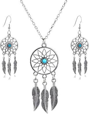 lauhonmin 3pcs Women Retro Silver Turquoise Feather Dream Catcher Pendant Necklace Earrings Set Family Friend Gifts