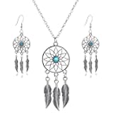 lauhonmin 3pcs Women Retro Silver Turquoise Feather Dream Catcher Pendant Necklace Earrings Set Family Friend Gifts