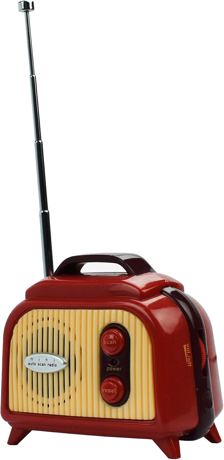Side view of the Legami FM0001 Portable Mini FM Radio with the antenna extended, showing the volume dial and headphone jack.