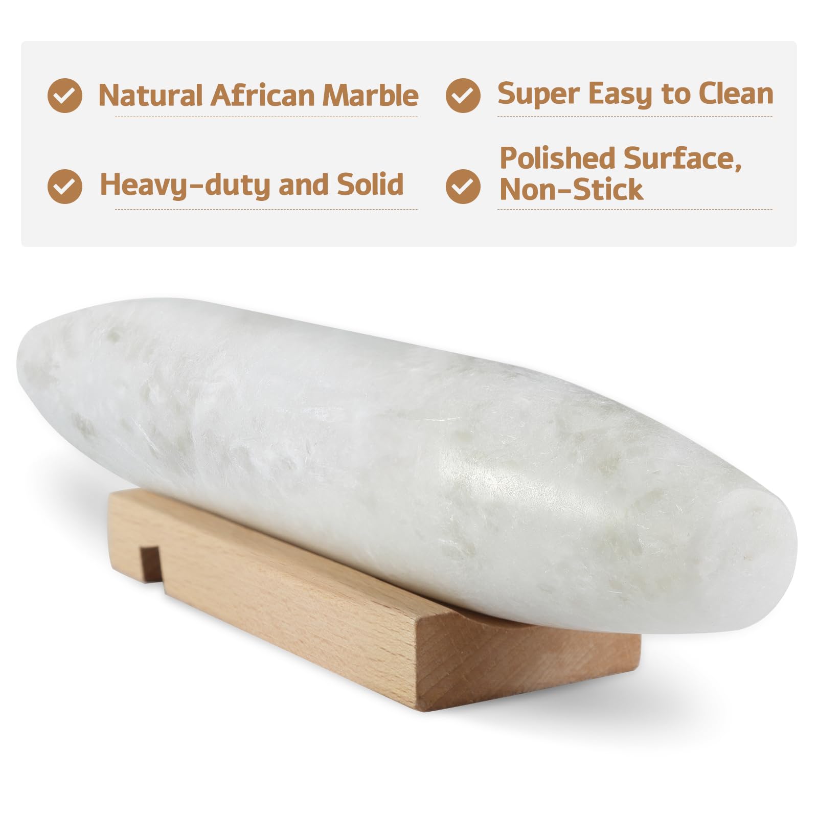 Koville Französisches Nudelholz aus afrikanischem natürlichem Marmor, 30,5 cm, antihaftbeschichtet, zum Backen, Teigroller für Nudeln, Knödel, Fondant, Kuchen, Brot, Pizza, Küchen-Backwerkzeuge (Namib