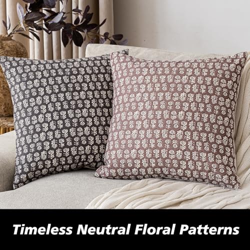 Image of Foindtower Set of 2 Decorative Vintage Floral Print Throw Pillow Covers Neutral Modern Farmhouse Cushion Covers Boho Home Decor for Sofa Chair Couch Bedroom Living Room,18x18 Inch,Wine Red