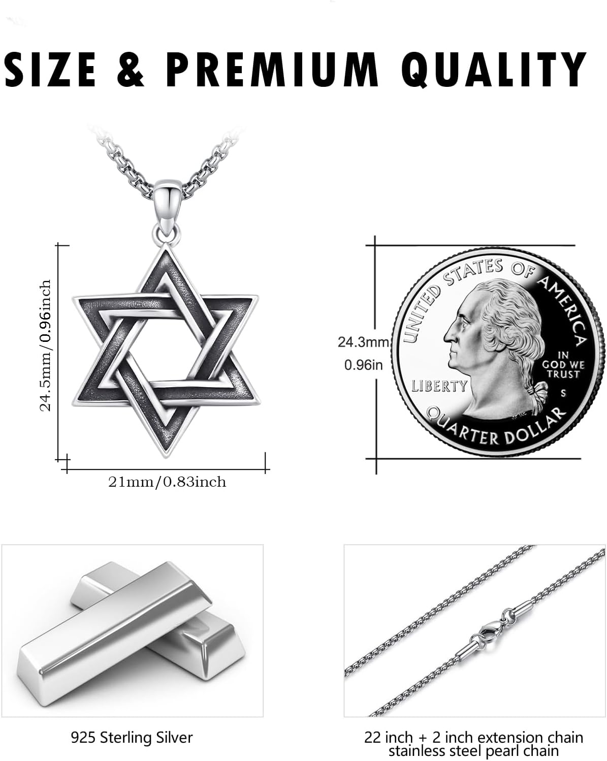 925 Sterling Silver Jewish Star of David Necklace with Stainless Steel Chain