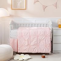 PINNKKU 3-Piece Crib Bedding Set Pink Pintuck Pleat - OEKO-TEX Certified Sheet, Ruffle Skirt & Soft Blanket for Baby Nursery