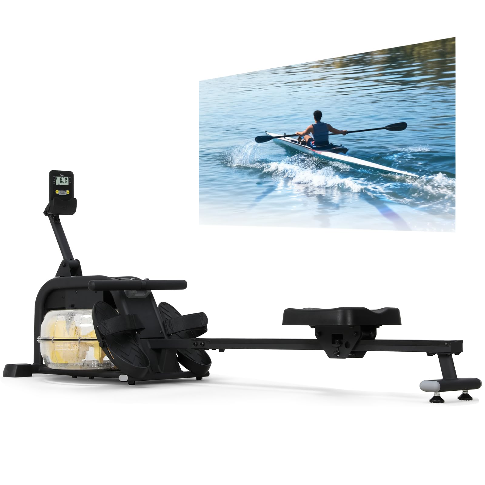 Rameur Eau d'Appartement Musculation avec Résistance Réglable, Multifonction Écran LCD, Support Tablette, Rameur a Eau Rails Lisses/Siège Confortable, Rameurs Ergonomie Capacité 135KG, Noir