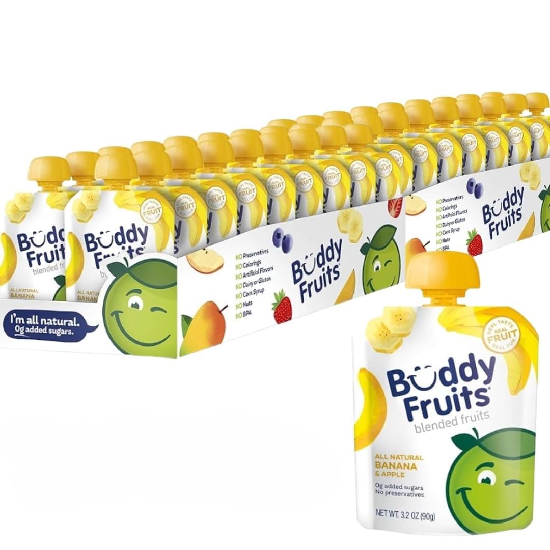 Buddy Fruits Pure Blended Fruit Snacks To Go Banana and Apple Applesauce 3.2 oz Pouch (Pack of 50) Gluten-Nut-Dairy-Preservatives-BPA Free, Non GMO, Kosher