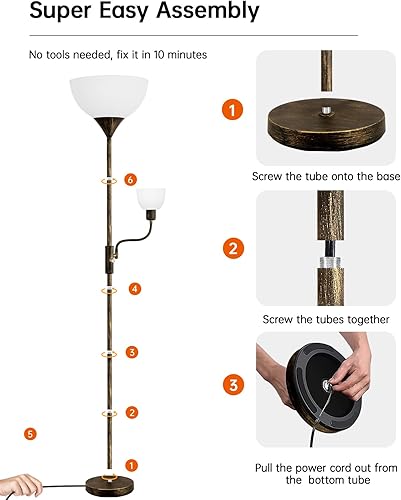 Miniatura 23 de Lámparas de pie para sala de estar, color negro, luz de dormitorio de poste de 71 pulgadas de alto, lámpara de pie brillante con luz de lectura