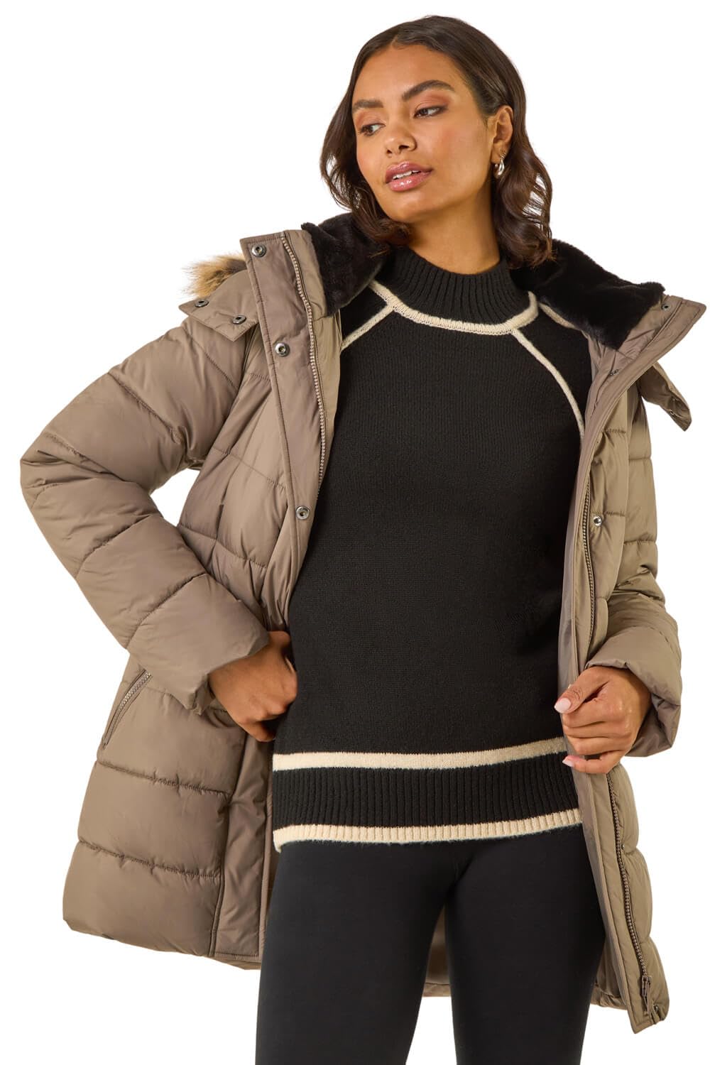 Roman Originals Quilted Padded Coat For Women UK - Ladies Parka Winter Jacket Faux Fur Trim Hooded Short Autumn Waterproof Water Resistant Everyday Comfy Vacation Work - Mocha - Size 18