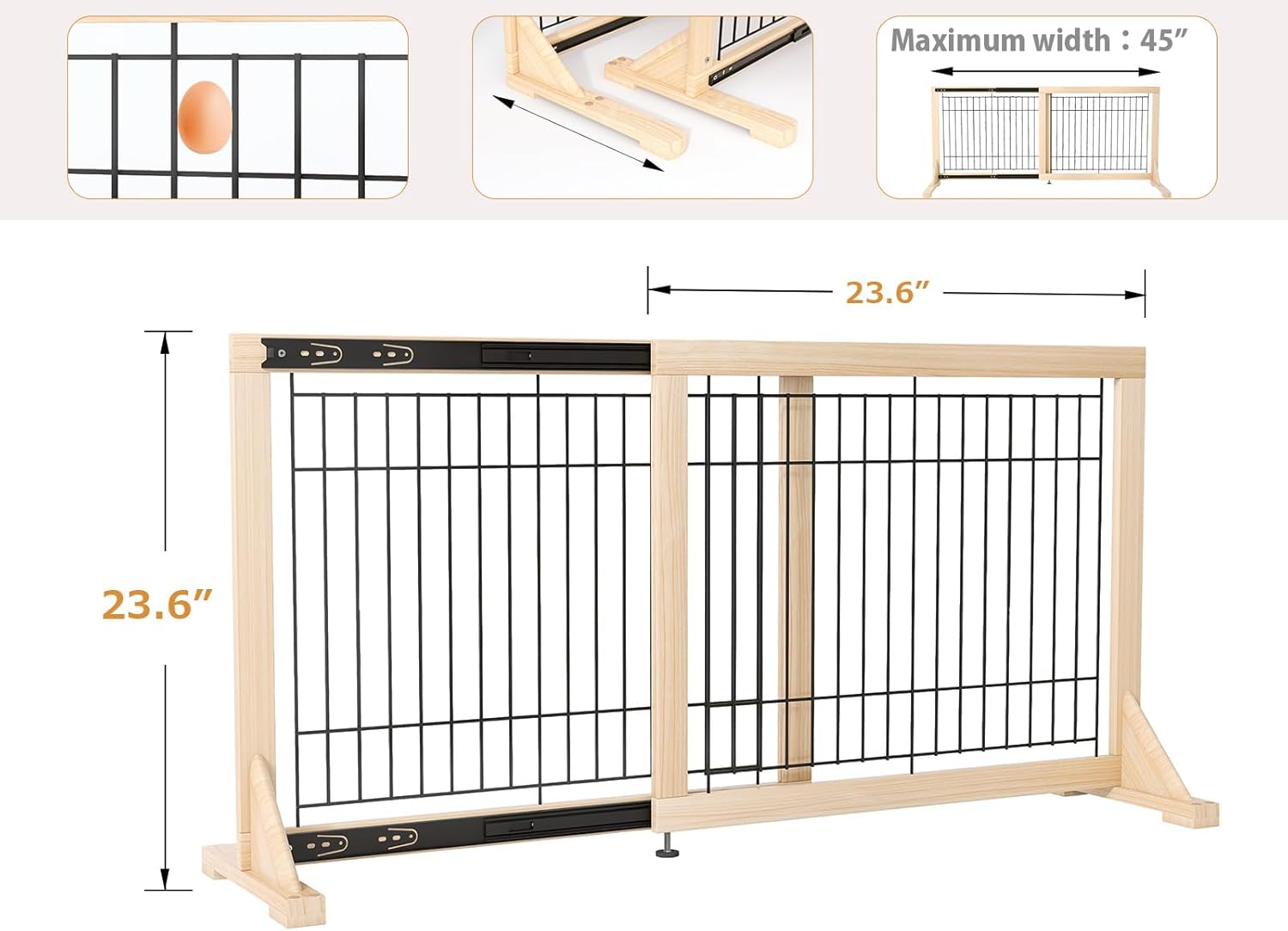 Freestanding Wooden Dog Gate for Doorways & Stairs, Adjustable Width 23.6"–45.3", No-Drill Indoor Pet Barrier for Small Dogs & Puppies, Foldable Dog Gate for Hallways, 23.6" Tall