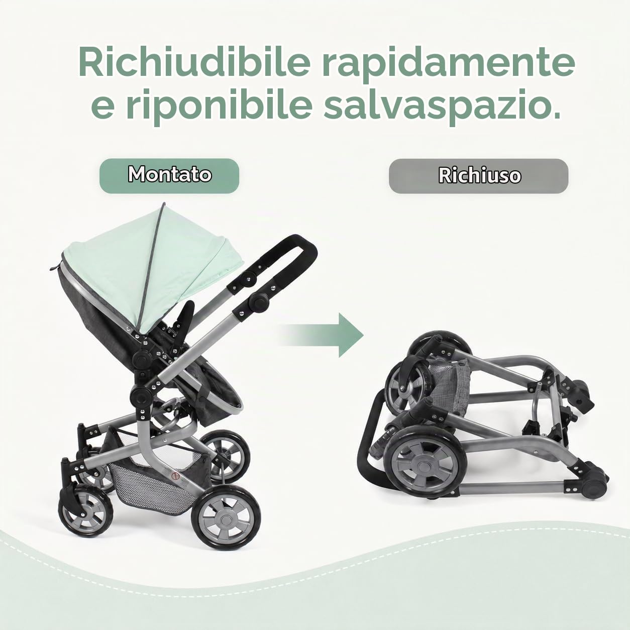 Bayer Chic 2000® Passeggino per bambole Mika 2 in 1, Melange Minta, pieghevole, manico regolabile in altezza 47-80 cm, telaio moderno, bambole fino a 52 cm, 4-8 anni
